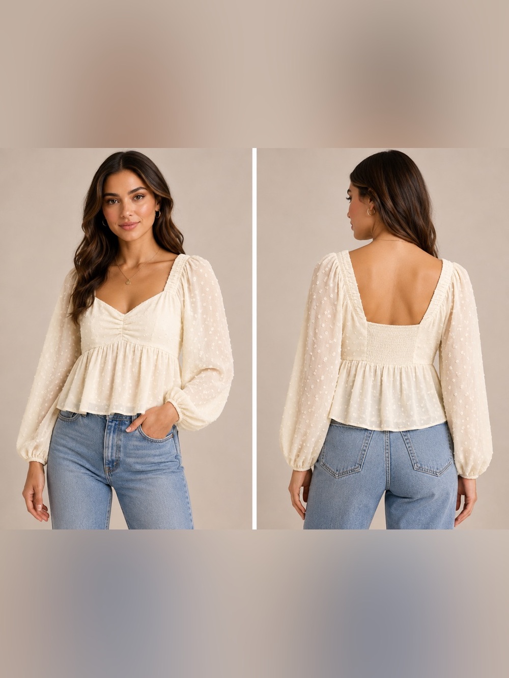 Cream Swiss Dot Ruched Bust Babydoll Long Sleeve Blouse Size S